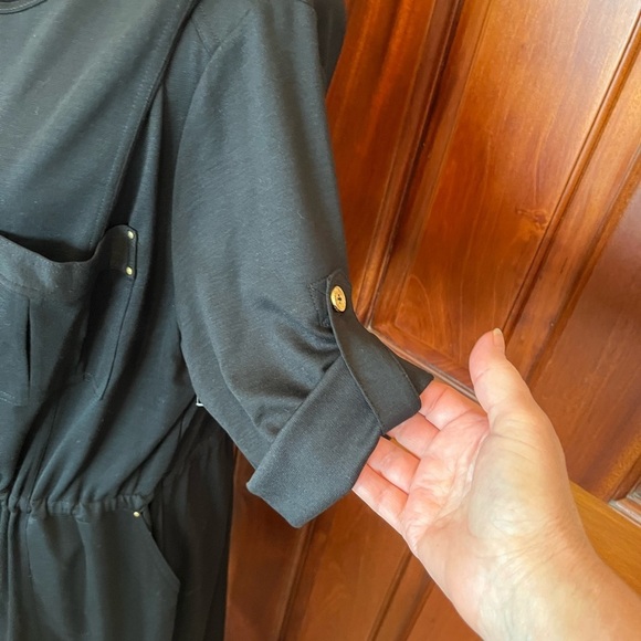 St. John Spa Black Jersey Button Roll Tab Sleeve Blouson Dress NWT $595 - Picture 2 of 10